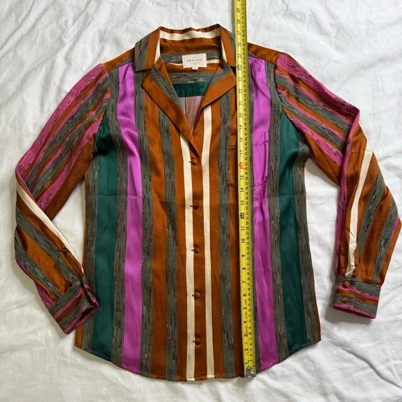 Sézane Multicolor Striped Button Down Blouse Copper Pink Green Parisian Chic S - Picture 8 of 12